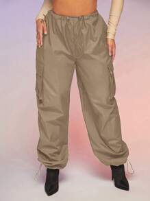 SHEIN Women's Side Pocket Drawstring Design Wide-legged Casual Long Pants