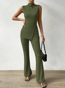 Chiquease Chic Không tay Áo Với giá đỡ Vòng cổ Và Cái nĩa cao Và Thon gọn Quần Hai chiếc Bộ - xanh quân đội - Xem 6