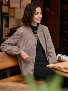 SHEIN Frenchy Chaqueta Cruzada Con Cremallera Frontal Y Patrón De Cuadrícula Para Mujer