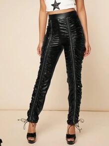 SHEIN Haute Zipper Split Ruched PU Leather Pants