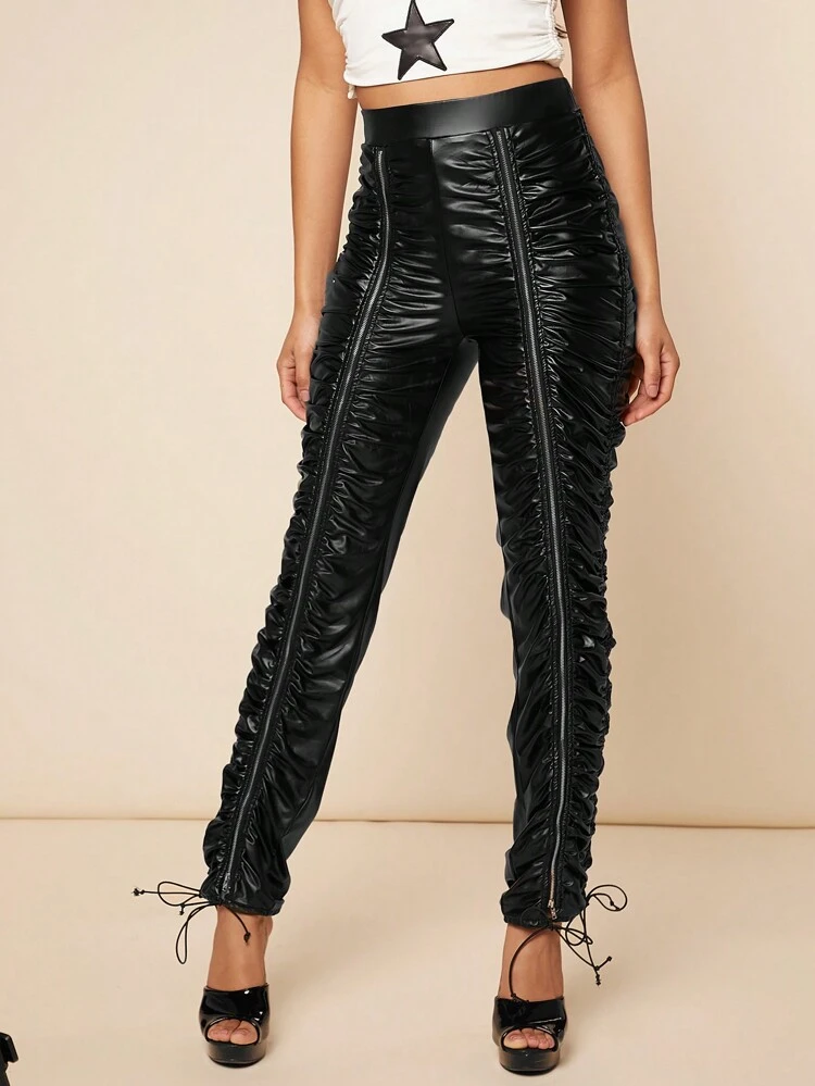 Zipper Split Ruched PU Leather Pants