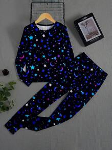 SHEIN Leap Crew 2pcs Girls Starry Sky Pattern Knit Tight Top And Tight Pants Homewear Set - Multicolor - View 1