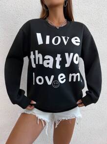 SHEIN Unity 标语图案落肩套头卫衣，秋季卫衣 - 黑色 - 查看 1