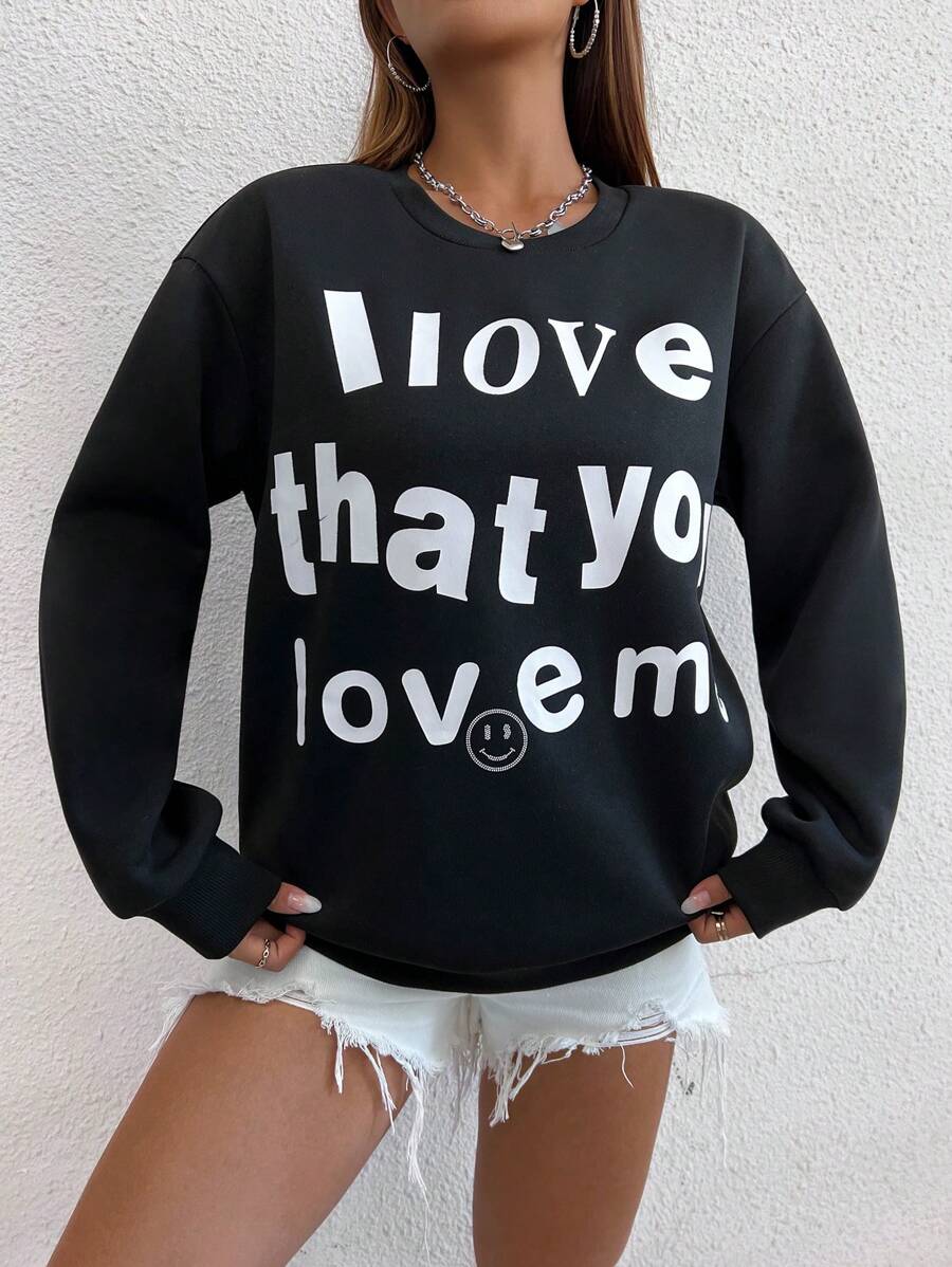 SHEIN Unity 标语图案落肩套头卫衣，秋季卫衣 - 黑色 - 查看 1