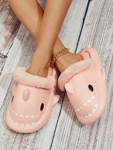 男女可拆卸鲨鱼拖鞋，软底，防滑，保暖内衬，适合秋冬季 - 粉色 - 查看 2