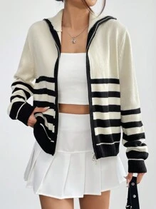 SHEIN Unity Mẫu sọc Dây kéo Áo len Mở - Màu be - Xem 6