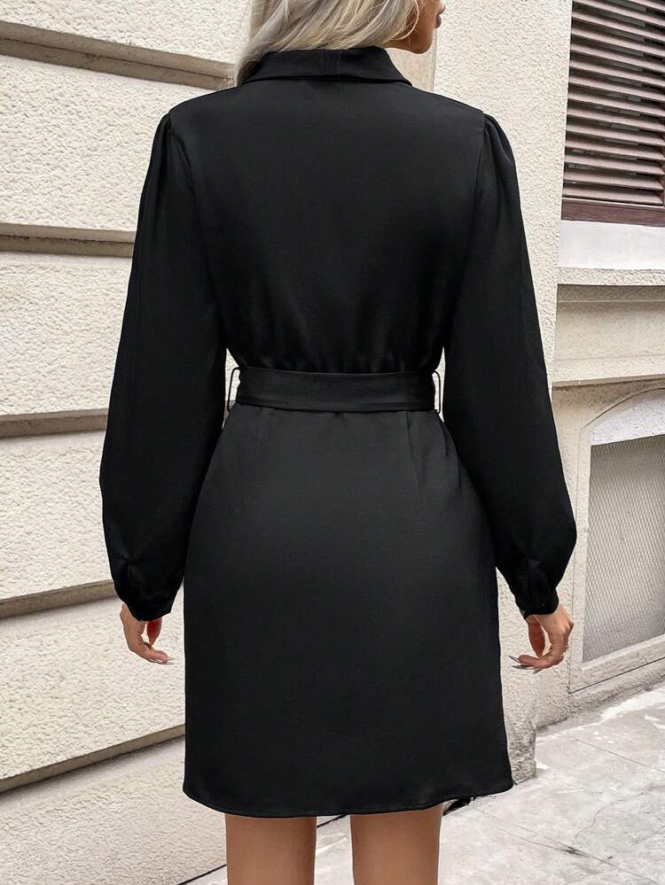 Women's Lantern Sleeve Dress With Waist Belt Winter Elegant Black Evening Dress