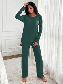 SHEIN Cottnline Women's Letter Print Ribbed Top And Pants Loungewear Set - Green - View 4