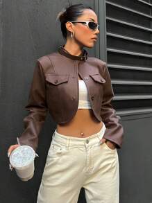 SHEIN Unity Chi tiết về Flap Mùa vụ Da giả Áo khoác - Cà phê nâu - Xem 1