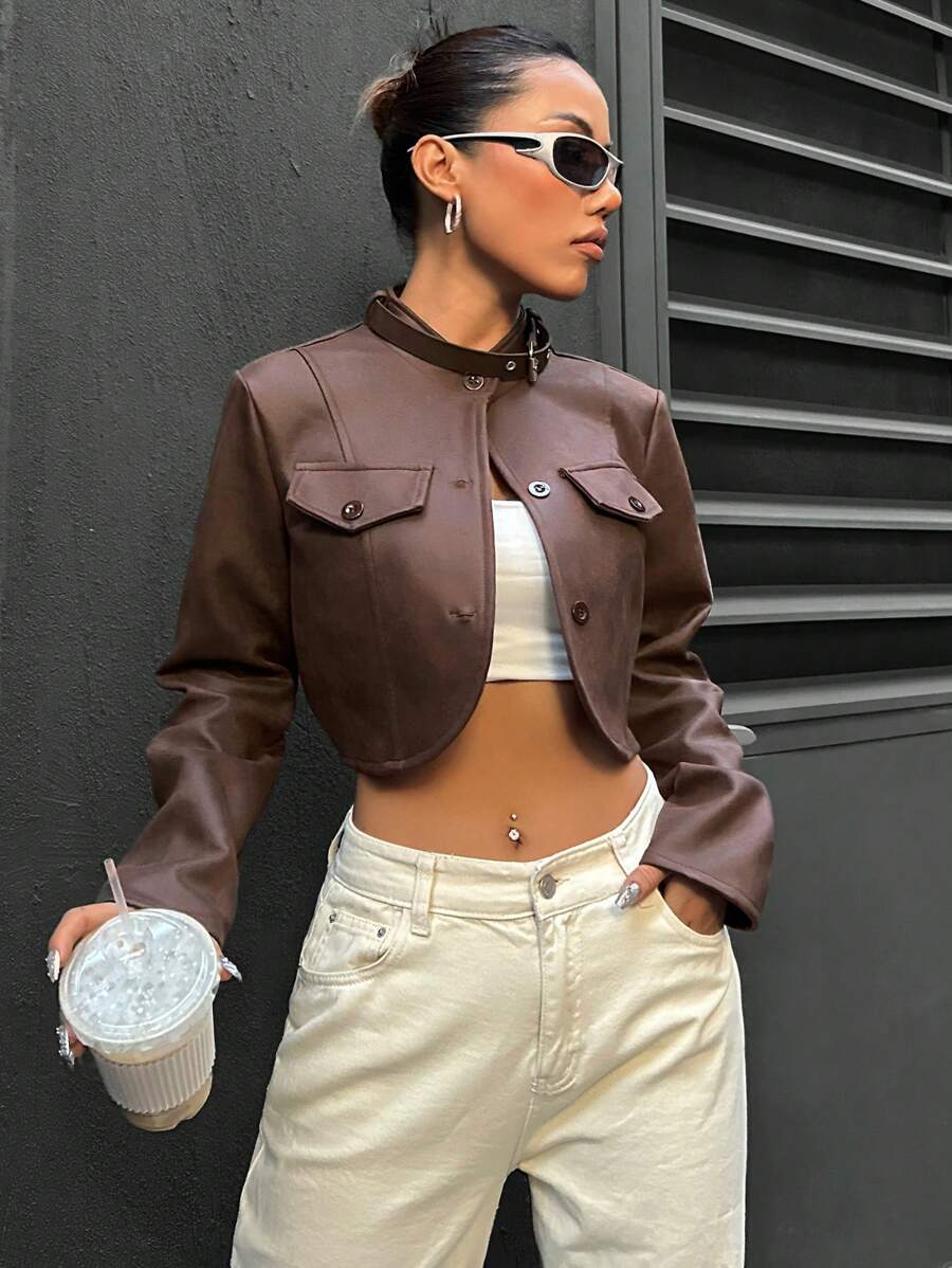 SHEIN Unity Chi tiết về Flap Mùa vụ Da giả Áo khoác - Cà phê nâu - Xem 1
