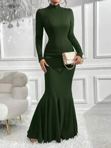 SHEIN Privé 高領緊身荷葉邊魚尾裙,優雅風格 - 軍綠色 - 查看 6