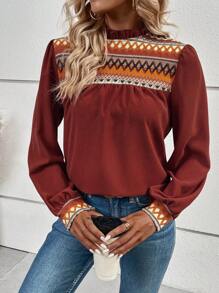 EMERY ROSE Lantern Sleeve Plaid Pattern Shirt - Redwood - View 5