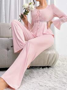女款拼布蕾絲睡衣套裝 - 粉色 - 查看 1