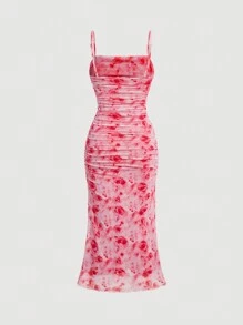 SHEIN MOD Floral Print Ruched Cami Dress,Valentine Outfits - Red - View 2