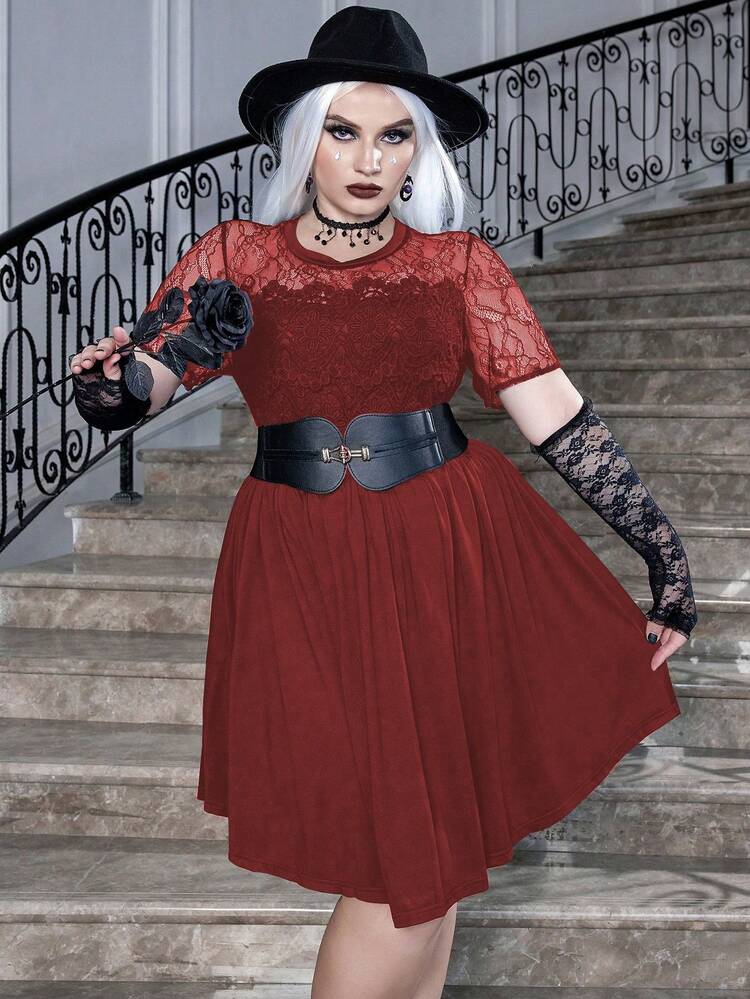 Plus Contrast Lace Dress Without Belt