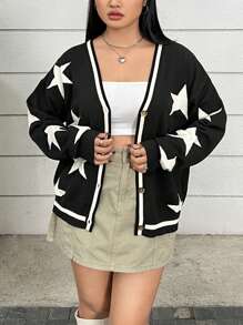 SHEIN Unity Kích thước lớn Áo len Mở Với Hình sao - Đen và trắng - Xem 1