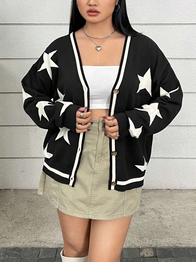 Plus Size Drop-shoulder Cardigan With Star Pattern