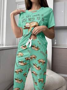 Cartoon And Letter Patterned Pajama Set