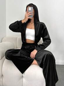 EURMUSE Drop Shoulder Hooded Crop Jacket & Wide Leg Pants - Black - View 5