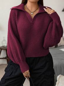 Flirla Suéter De Talla Grande Con Mangas De Linterna Y Cuello Redondo - Burdeos - Ver 5