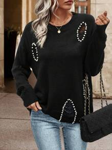 SHEIN Essnce Pearls Beaded Drop Shoulder Ripped Sweater - Black - View 1