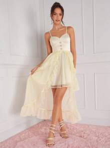 Enchnt Women's Pearl Beaded Mesh Splice Cami Dress - Apricot - View 1