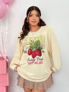 SHEIN EZwear Kích thước lớn Dâu tây & In Khẩu hiệu Thả vai Áo nỉ - Màu be - Xem 4