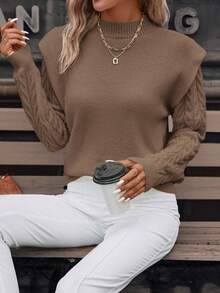 SHEIN Clasi Mock Neck Cable Knit Sweater - Camel - View 4