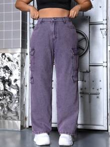 SHEIN ICON 大码翻盖口袋男友风牛仔裤 - 紫色 - 查看 1