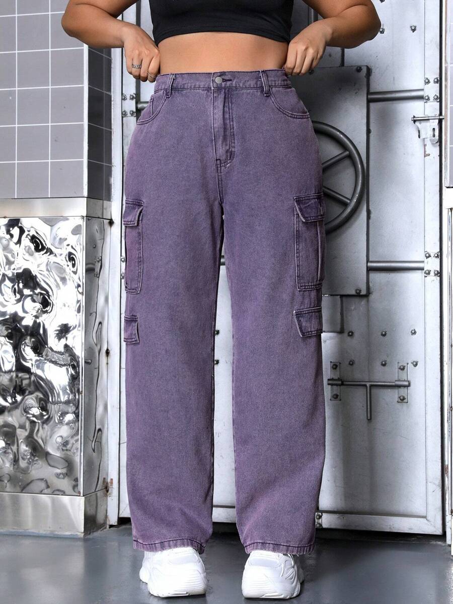 SHEIN ICON 大码翻盖口袋男友风牛仔裤 - 紫色 - 查看 1