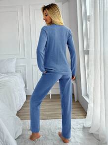EURMUSE Women's Patterned Ribbed Knit T-shirt + Solid Color Ribbed Knit Pants Homewear Set - Blue - View 2