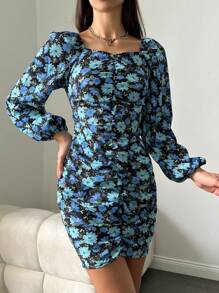 SHEIN Cottnline Allover Floral Print Off Shoulder Lantern Sleeve Ruched Bodycon Dress - Blue - View 4