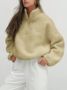 SHEIN Essnce Của phụ nữ Màu thuần Dây kéo nửa Sang trọng Áo nỉ Với Thả vai Thiết kế - Màu Khaki - Xem 3