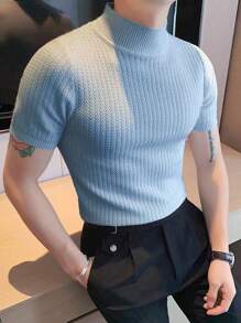 Manfinity Homme 男士素色針織短袖套頭毛衣帶人字形高領 - 淺藍色 - 查看 1