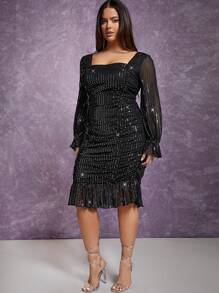 Hauture Vestido con acuesto con volantes y purpurina de talla grande - Negro - Ver 4