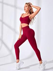 Easithlete Seamless Sports Bra And Pants Set For Chinese New Year Workout Women Set - Burgundy - View 3