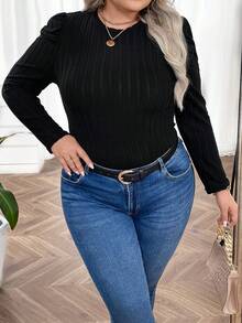 SHEIN CURVE+ Plus Puff Sleeve Tee - Black - View 6