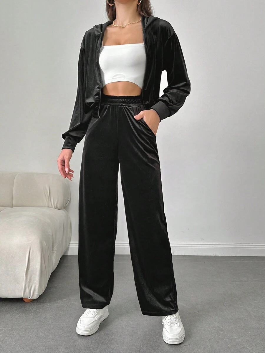 EURMUSE Drop Shoulder Hooded Crop Jacket & Wide Leg Pants - Black - View 1