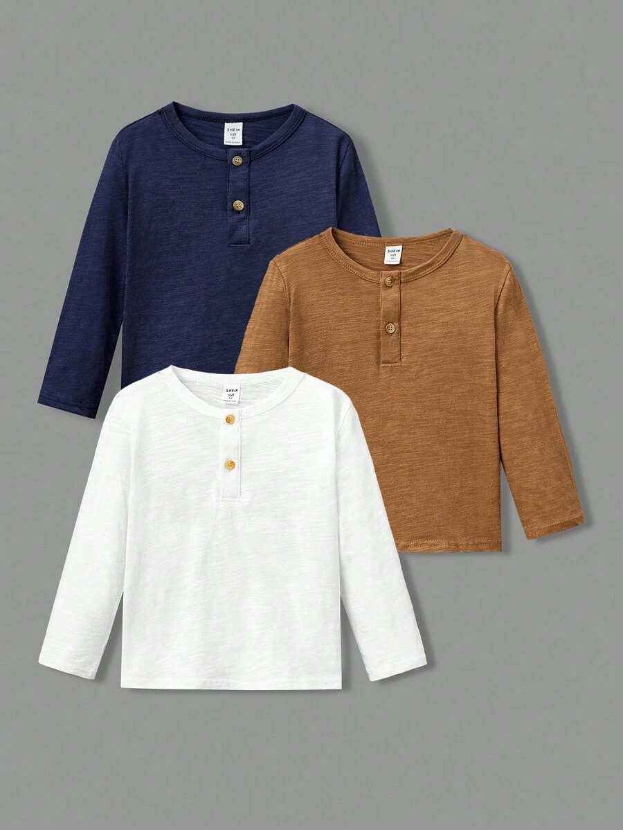 Young Boy Casual Comfortable Button-Up Solid Color Long Sleeve T-Shirt - Multicolor - View 1