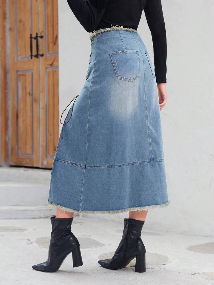 Grommet Lace Up Front Raw Trim Denim Skirt