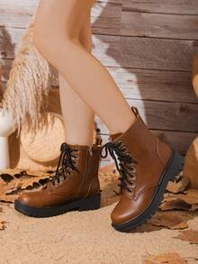 時尚復古風格pu皮製墊肩摩托靴,帶扣,英國秋冬流行款 - 棕色 - 查看 2