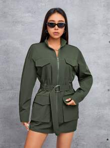 SHEIN PETITE 女士腰帶實用裙裝 - 綠色 - 查看 4