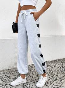 SHEIN Unity 心形印花束口腰束口運動褲 - 灰色 - 查看 1