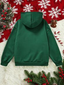 Tween Boy Christmas Print Hooded Thermal Lined Sweatshirt - Green - View 2