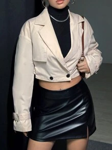 SHEIN Unity Lapel Neck Drop Shoulder Belted Crop Trench Coat - Apricot - View 4