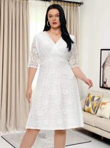 Plus Size Women's Lace Dress - White - View 1