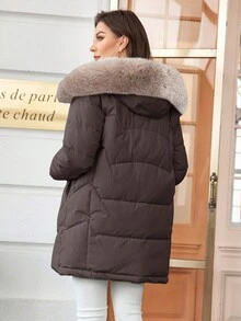 HaiLuoZi Women's Winter Long Sleeve Pockets Casual Fluffy Collar Double Breasted Padded Coat - Mocha Brown - View 4