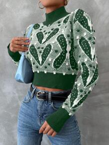 EURMUSE Mock Neck Crop Sweater - Dark Green - View 5
