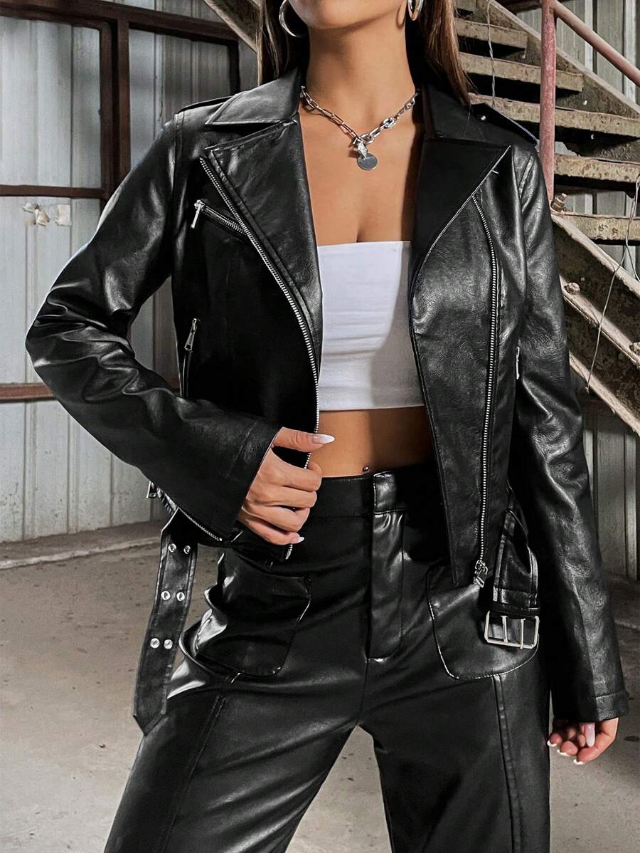 SHEIN Unity Zip Up PU Leather Moto Jacket - Black - View 1