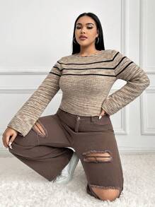 SHEIN EZwear Große Größe Crop Pullover mit Streifen Muster, - Verschiedenfarbig - Übersicht 6